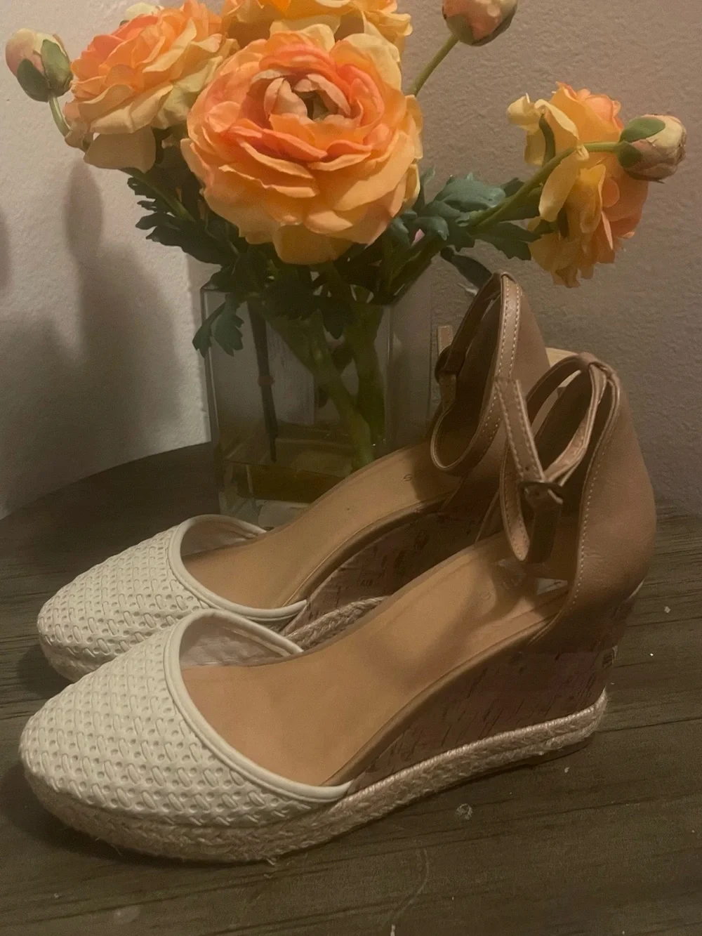 Maurices Cream Woven Espadrille Ankle-Strap Flats with Tan Straps